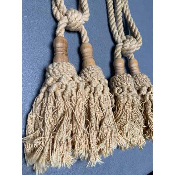Vintage Beige Tassel Curtain Tiebacks with Wooden Accents Set of 2 - Picture 6 of 13